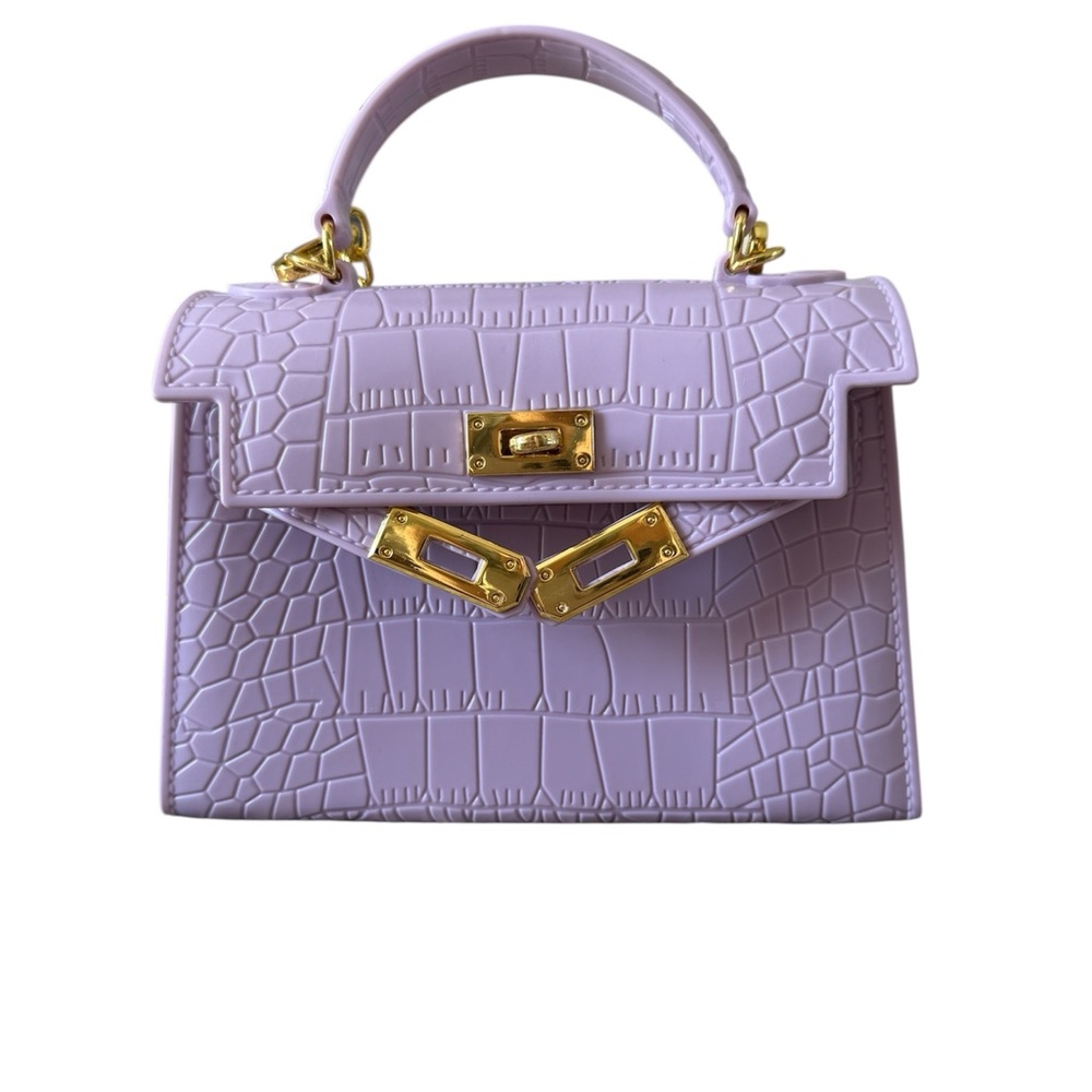 Lilac Croc-Embossed Top Handle Bag with Gold Hardware Mini Purse Bag